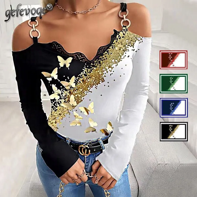 GEFEVOQE Gorgeous Cotton Poly Blend Long Sleeve Open Shoulder V-Neck Top