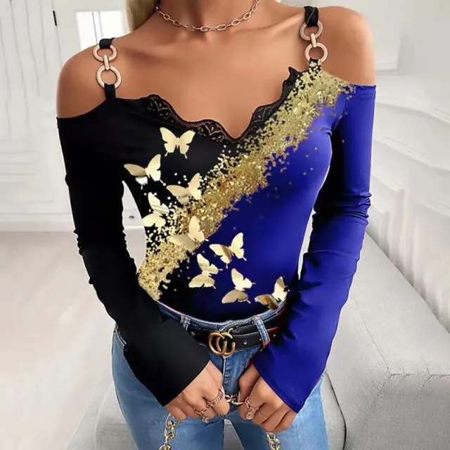 GEFEVOQE Gorgeous Cotton Poly Blend Long Sleeve Open Shoulder V-Neck Top