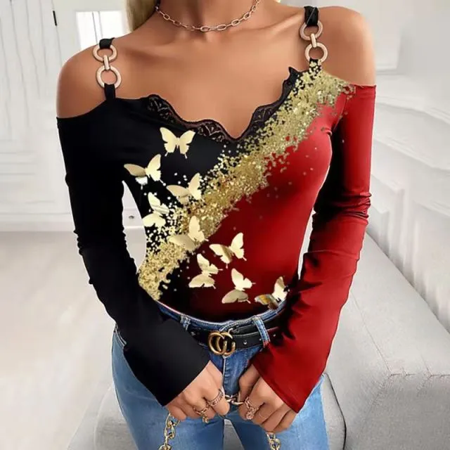 GEFEVOQE Gorgeous Cotton Poly Blend Long Sleeve Open Shoulder V-Neck Top