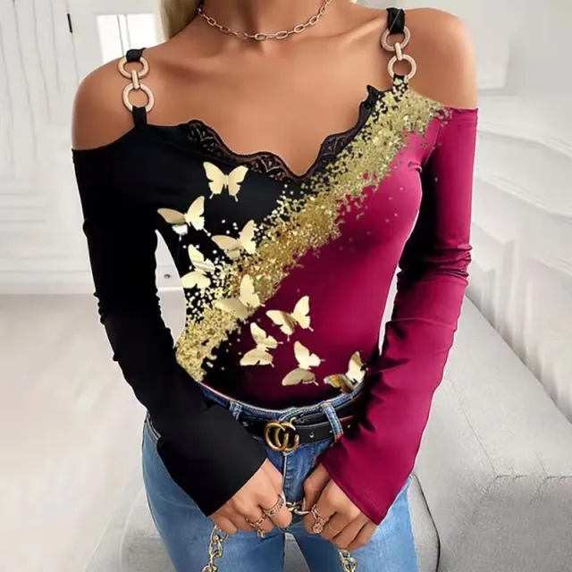 GEFEVOQE Gorgeous Cotton Poly Blend Long Sleeve Open Shoulder V-Neck Top