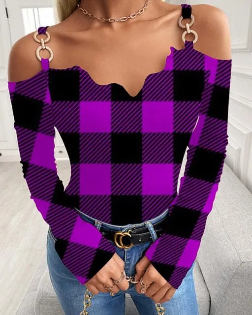 GEFEVOQE Gorgeous Cotton Poly Blend Long Sleeve Open Shoulder V-Neck Top