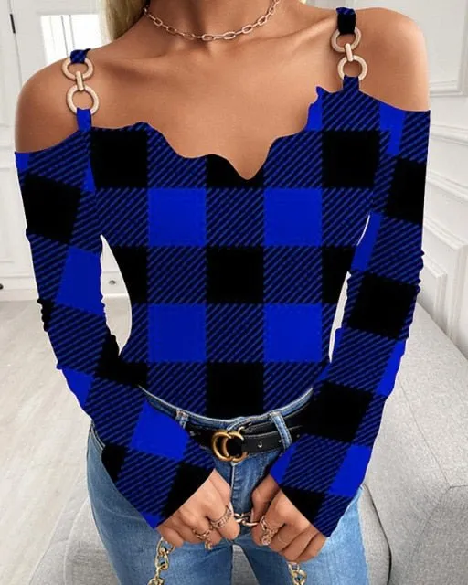 GEFEVOQE Gorgeous Cotton Poly Blend Long Sleeve Open Shoulder V-Neck Top