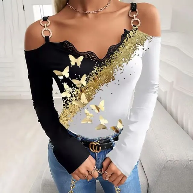 GEFEVOQE Gorgeous Cotton Poly Blend Long Sleeve Open Shoulder V-Neck Top