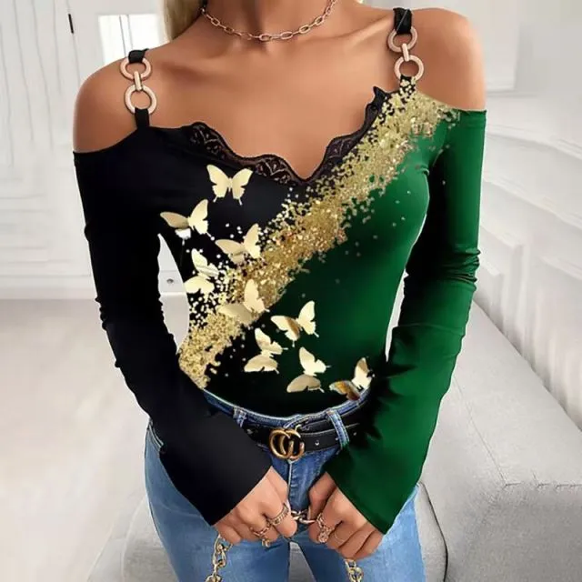 GEFEVOQE Gorgeous Cotton Poly Blend Long Sleeve Open Shoulder V-Neck Top