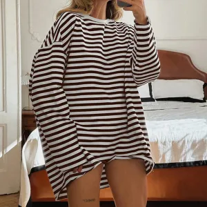 Harajuku Stripe Oversized T-shirts Female Contrast Color Vintage Autumn Winter Pullover Tops Minimalist Outfits Tees