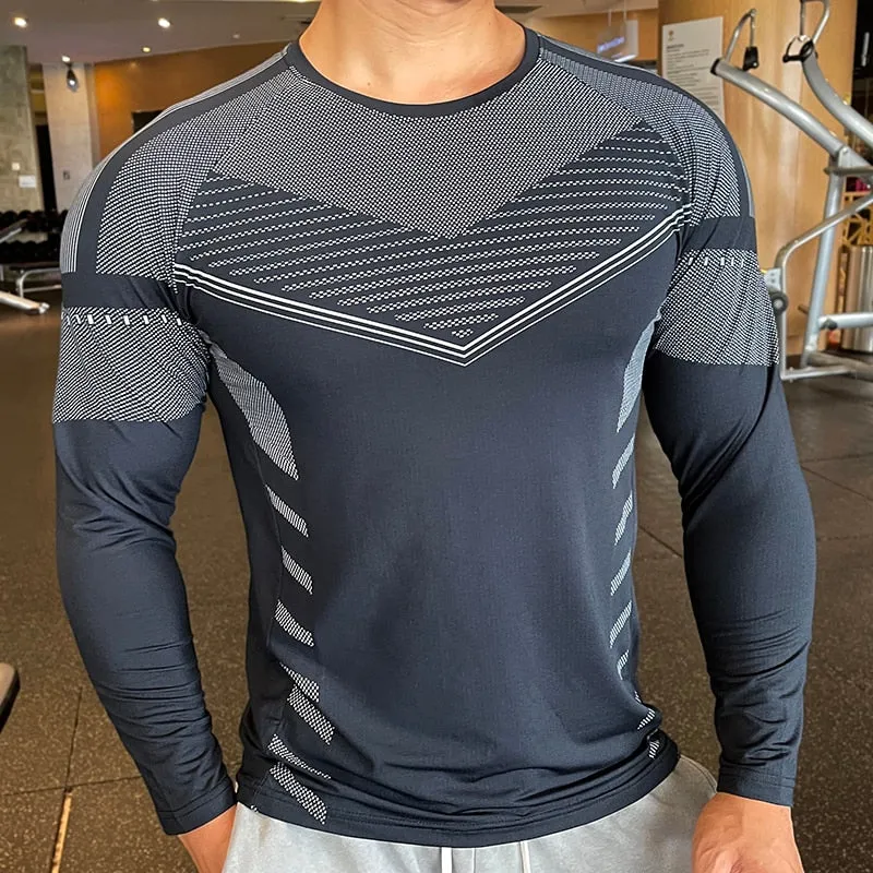 High Quality Running Sport Shirt Men Fitness Compression Long Sleeve Upper Clothing Crew Neck Swearshirt Male Rash Guard Wicking