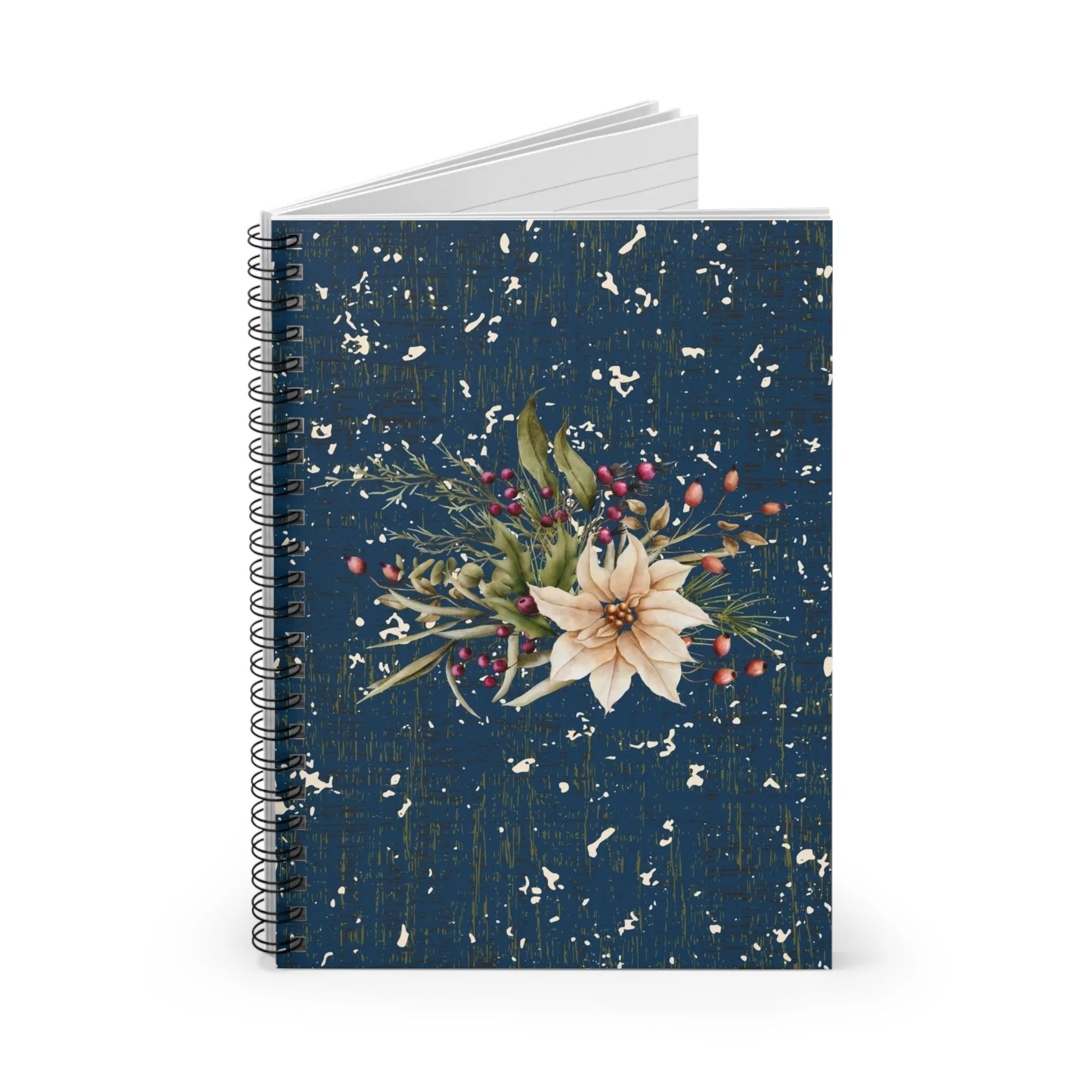 Holiday Floral Bouquet on Blue Speckled Spiral Notebook - Ruled Line: Festive Botanical Design
