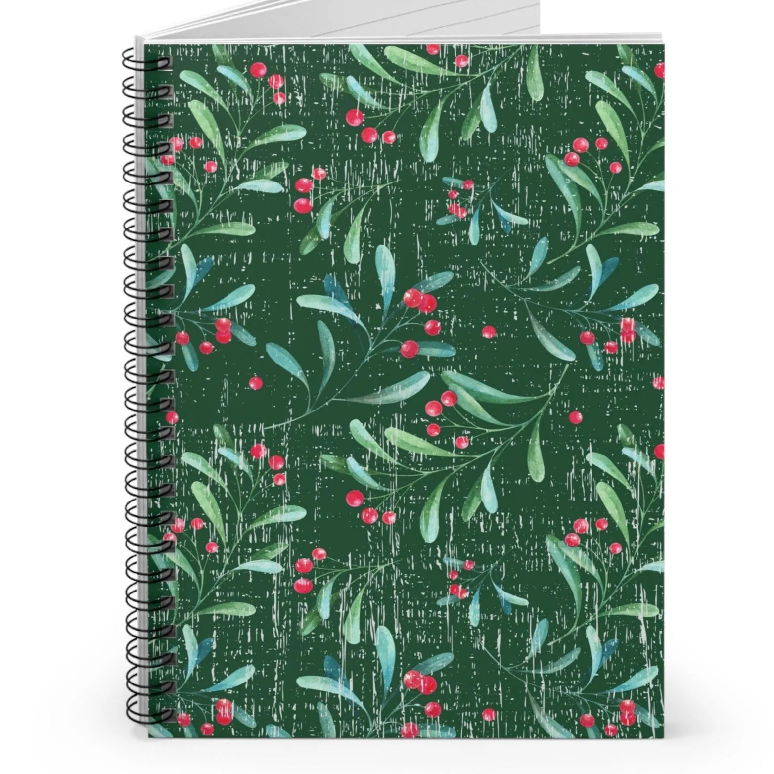Holly Pattern Spiral Notebook - Ruled Line: Festive Green and Red Design