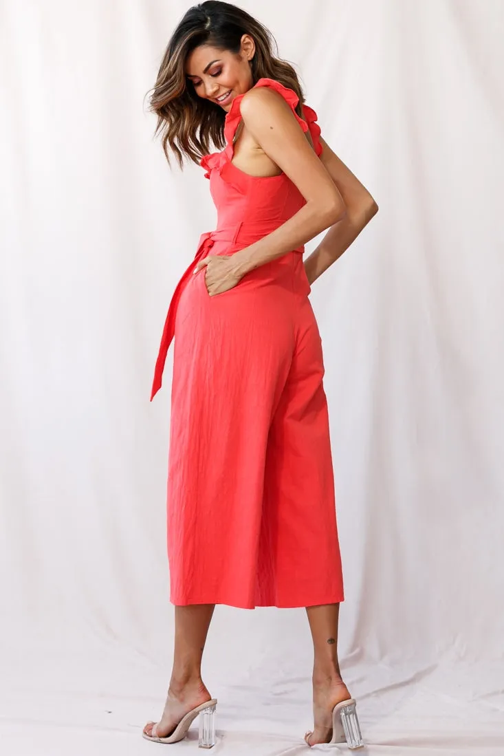Kaia Ruffle Strap Wide-Leg Capri Jumpsuit Red