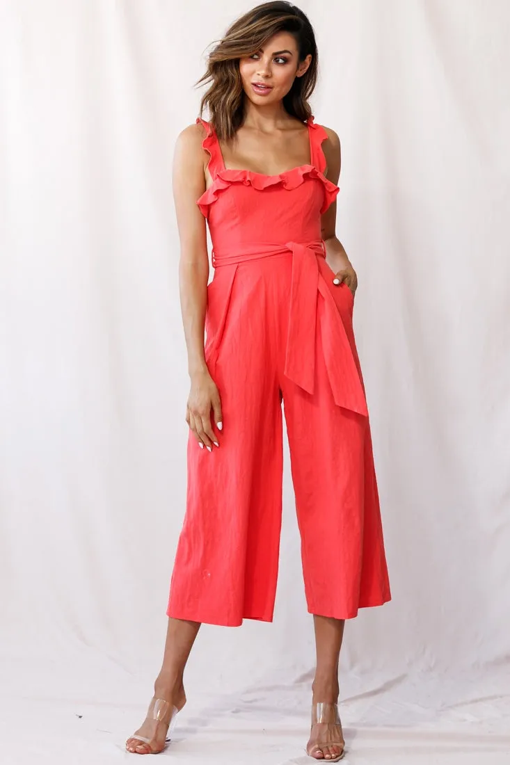 Kaia Ruffle Strap Wide-Leg Capri Jumpsuit Red
