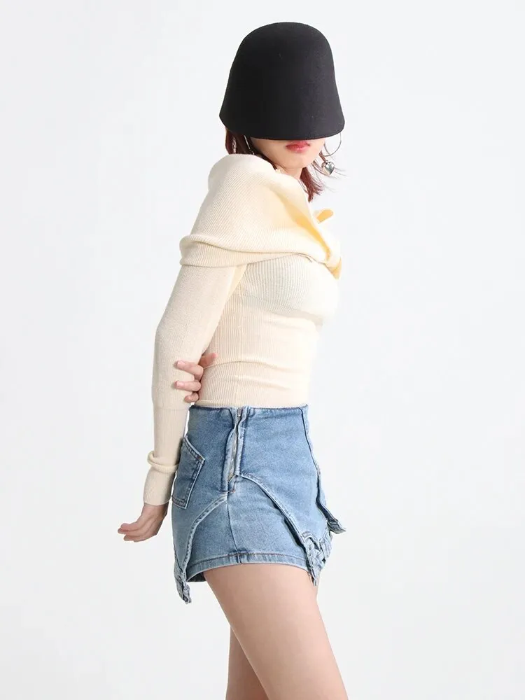 Knitting Pullover Sweaters For Women Slash Neck Long Sleeve Patchwork Pullover Solid Sweatewr Female Fashion Autumn