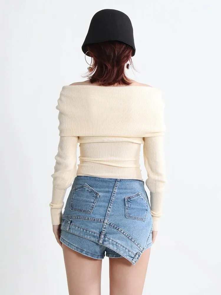 Knitting Pullover Sweaters For Women Slash Neck Long Sleeve Patchwork Pullover Solid Sweatewr Female Fashion Autumn