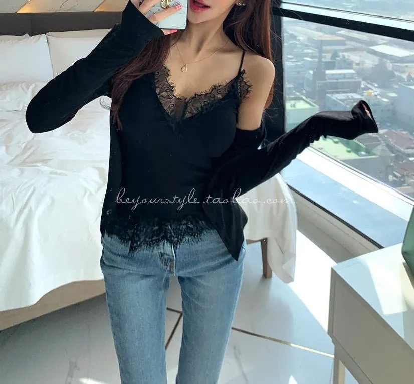 Korea fashion Bodycon Sling Suit Two piece Set Crop Top Thin Sexy Lace Long Sleeve