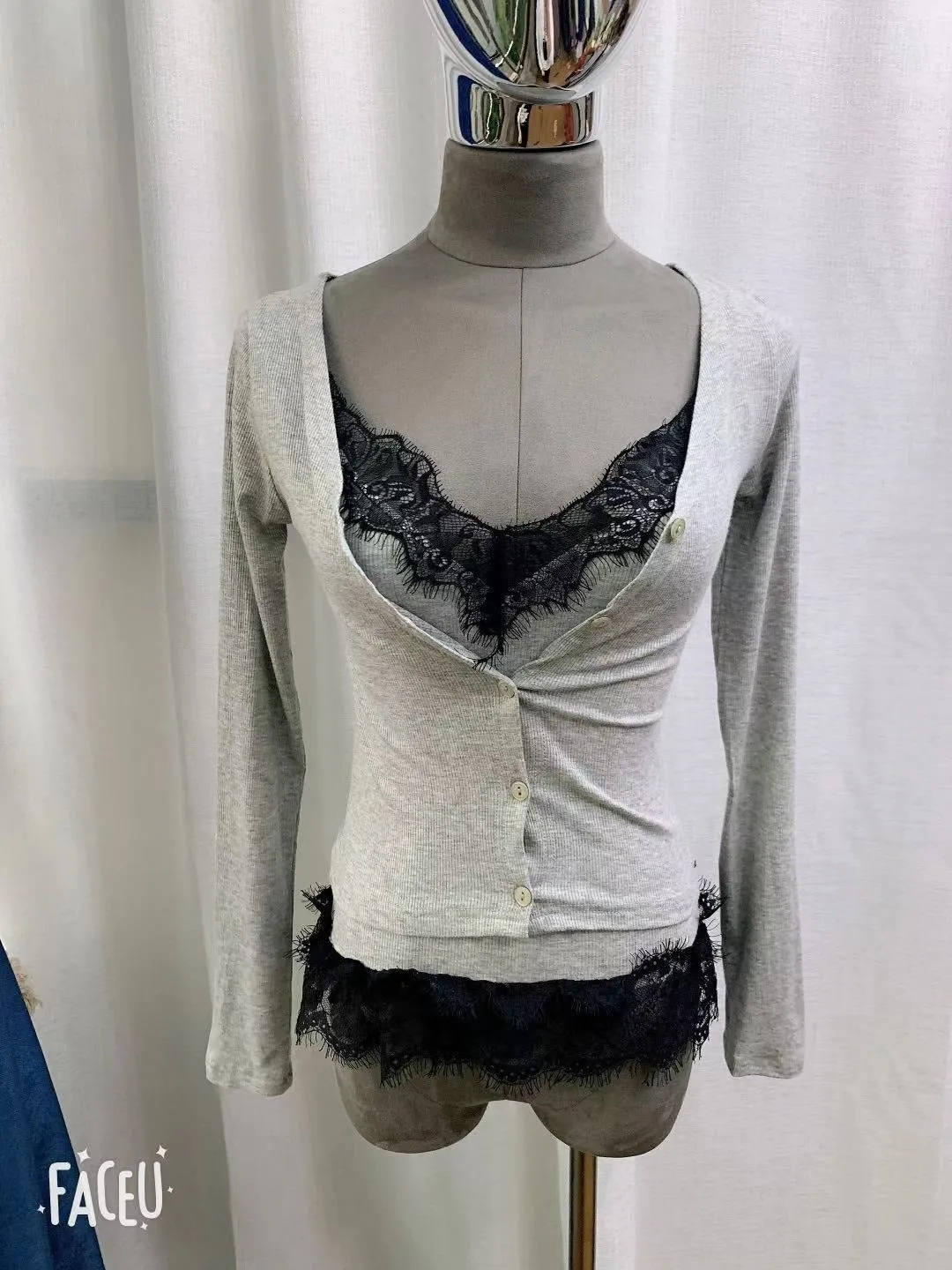 Korea fashion Bodycon Sling Suit Two piece Set Crop Top Thin Sexy Lace Long Sleeve