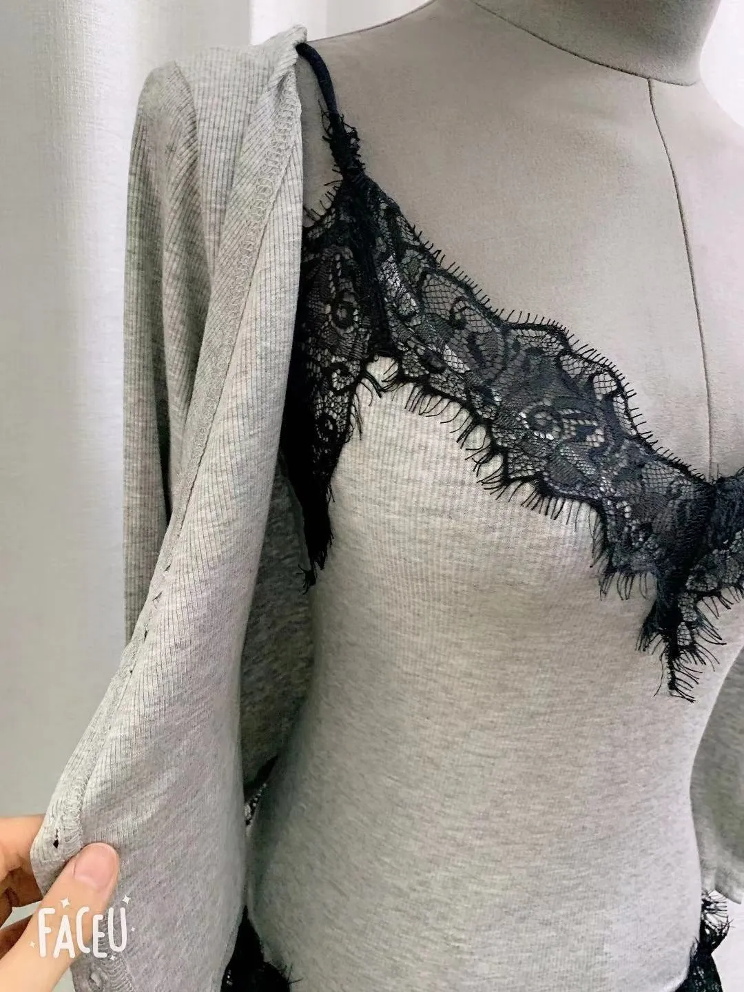 Korea fashion Bodycon Sling Suit Two piece Set Crop Top Thin Sexy Lace Long Sleeve