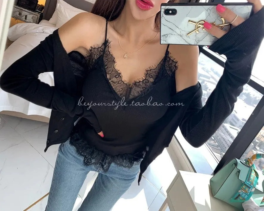 Korea fashion Bodycon Sling Suit Two piece Set Crop Top Thin Sexy Lace Long Sleeve