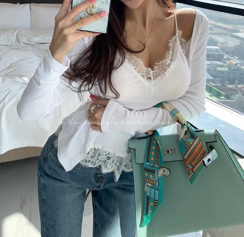 Korea fashion Bodycon Sling Suit Two piece Set Crop Top Thin Sexy Lace Long Sleeve