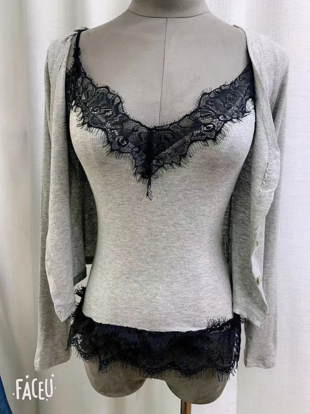 Korea fashion Bodycon Sling Suit Two piece Set Crop Top Thin Sexy Lace Long Sleeve