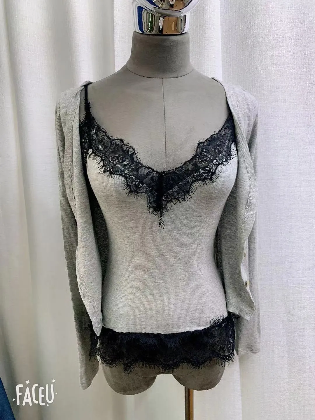 Korea fashion Bodycon Sling Suit Two piece Set Crop Top Thin Sexy Lace Long Sleeve
