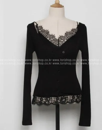 Korea fashion Bodycon Sling Suit Two piece Set Crop Top Thin Sexy Lace Long Sleeve