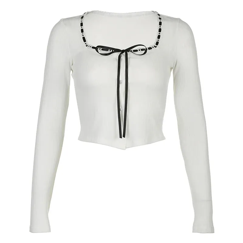 Korean Fashion White Lace Trim Female T-shirt Skinny Sweet Buttons Cute Tee Shirt Autumn Coquette Front Tie-Up Tops