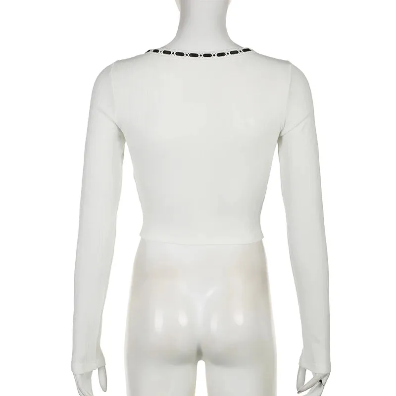 Korean Fashion White Lace Trim Female T-shirt Skinny Sweet Buttons Cute Tee Shirt Autumn Coquette Front Tie-Up Tops