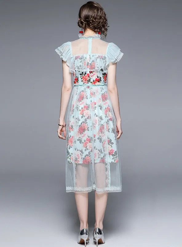 Lace-up Flounce Mesh Stitching Dress