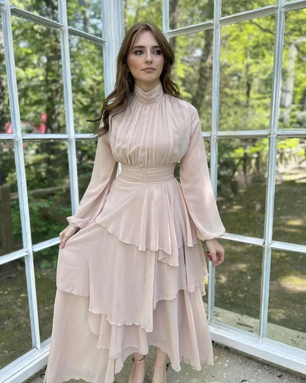 Layered Chiffon Beige Dress
