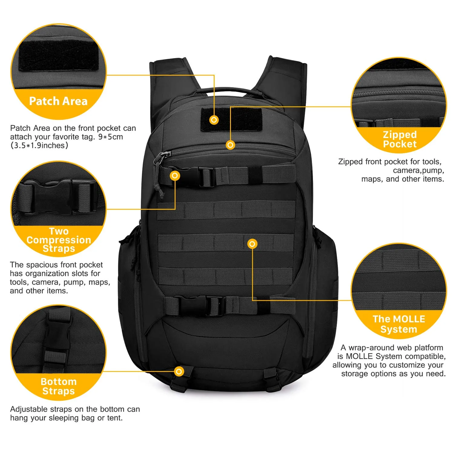 Mardingtop 28L Tactical Backpacks Molle Hiking daypacks for Camping Hiking Military Traveling 28L-Black