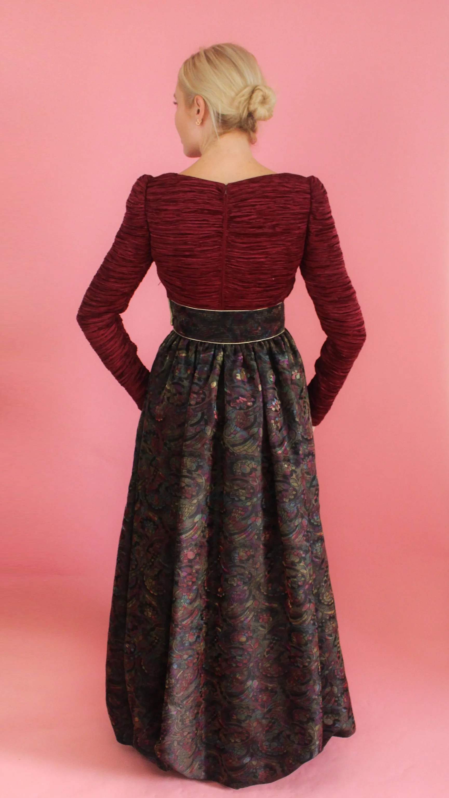 Mary McFadden Couture Belted Jacquard Print Gown