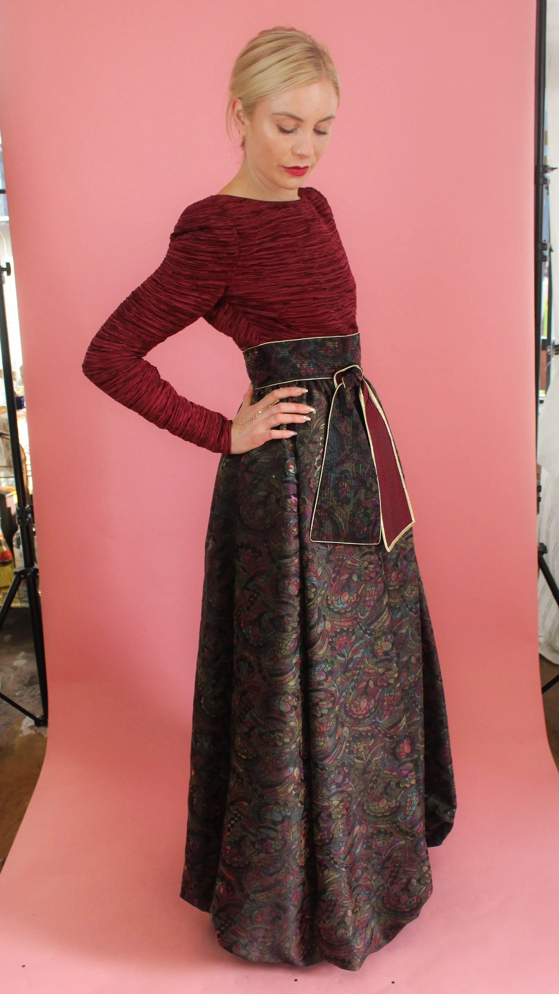 Mary McFadden Couture Belted Jacquard Print Gown