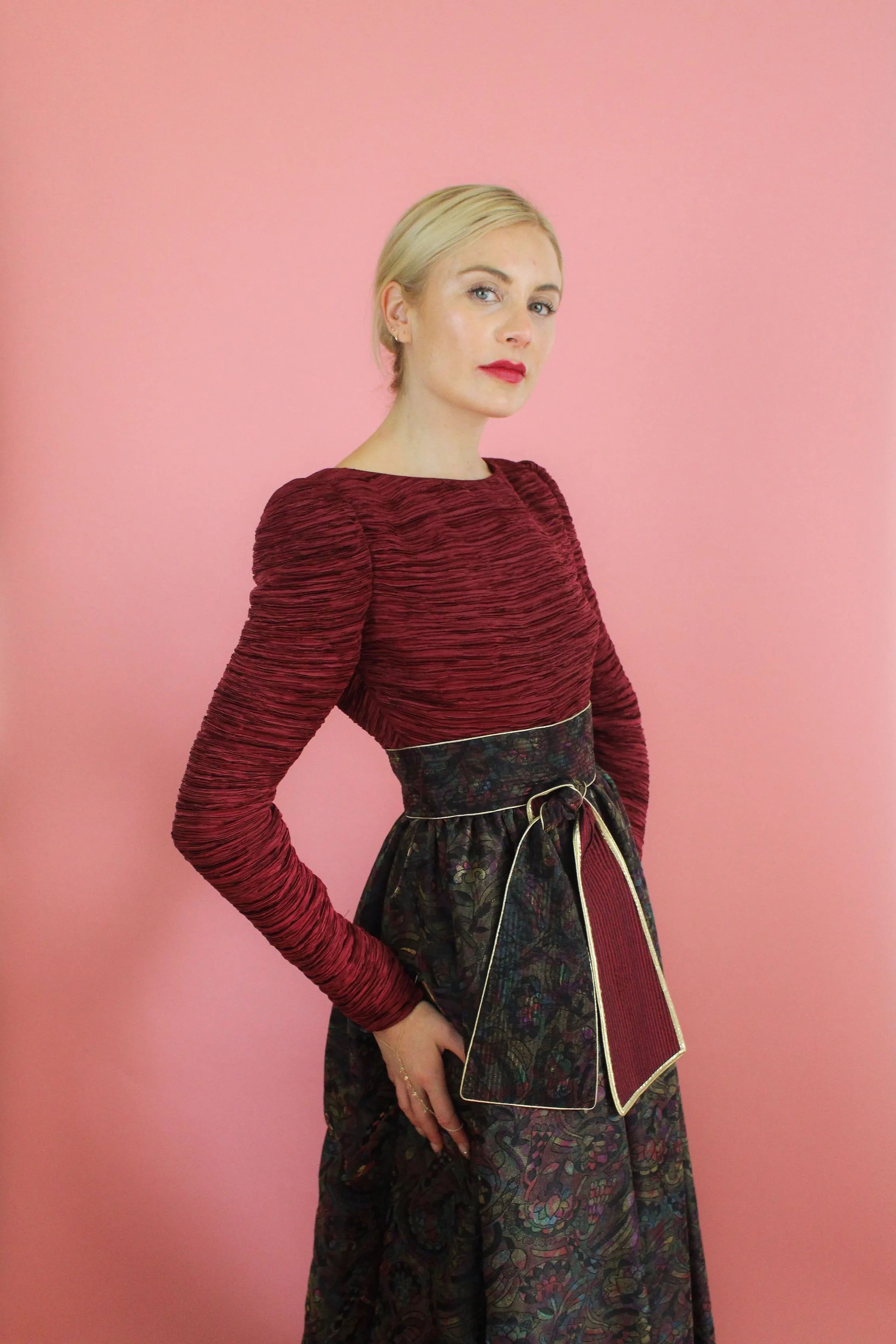Mary McFadden Couture Belted Jacquard Print Gown