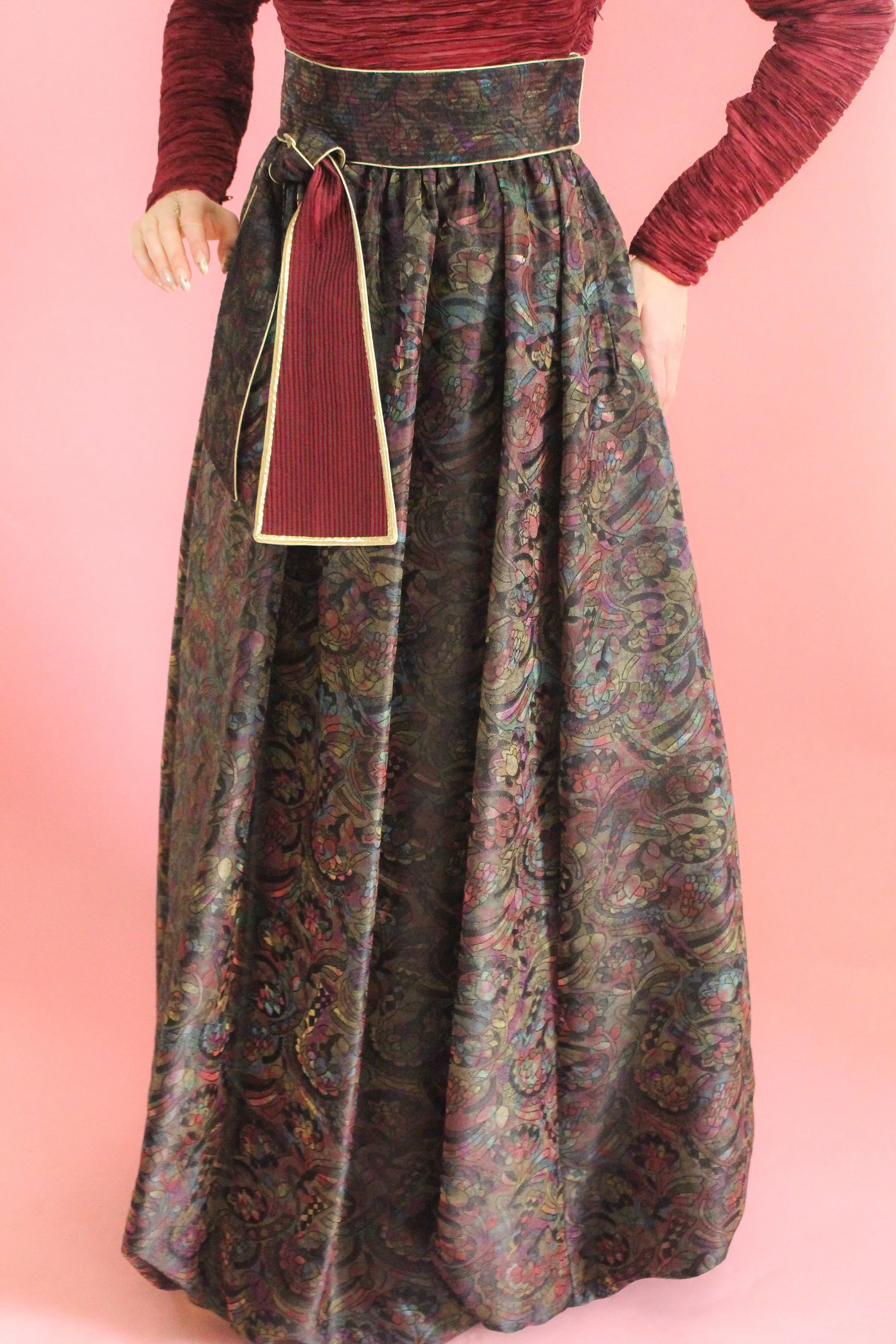 Mary McFadden Couture Belted Jacquard Print Gown