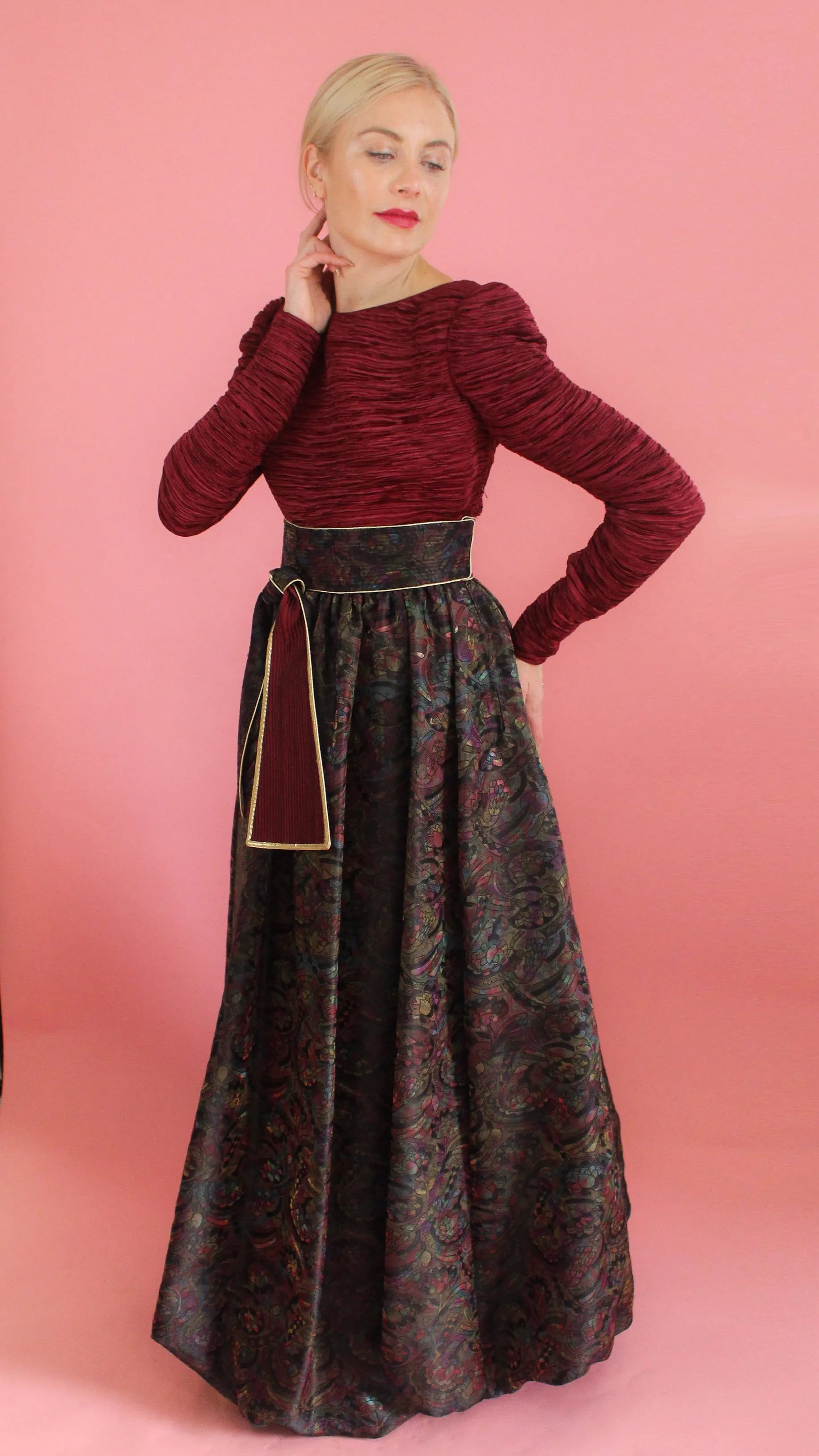 Mary McFadden Couture Belted Jacquard Print Gown