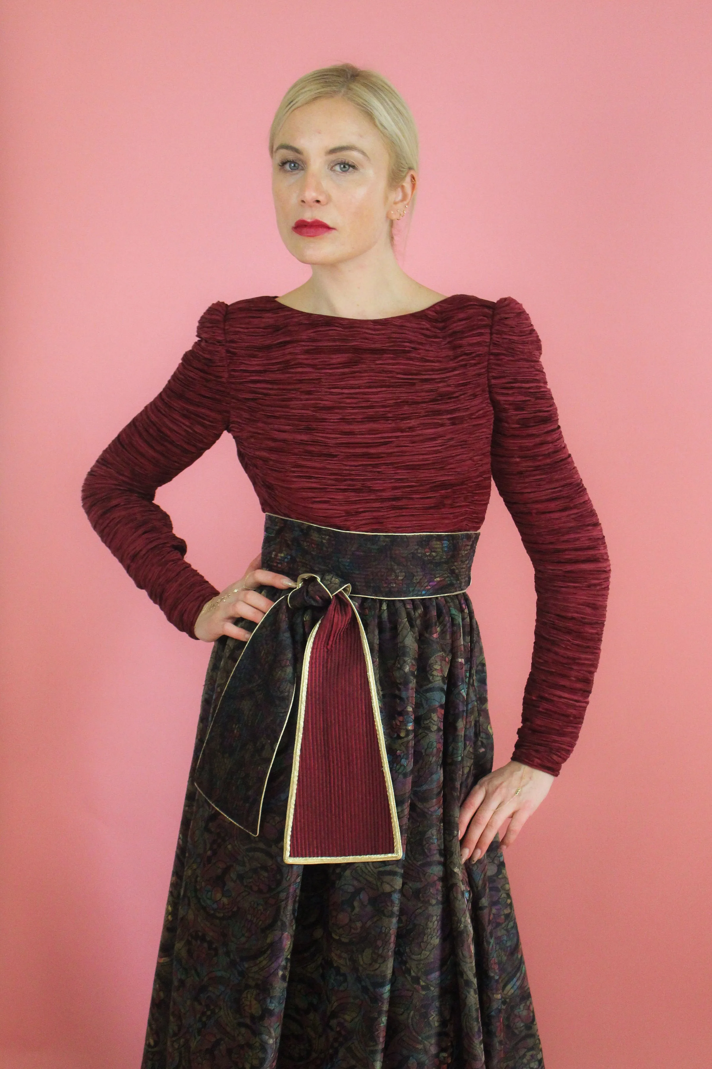 Mary McFadden Couture Belted Jacquard Print Gown