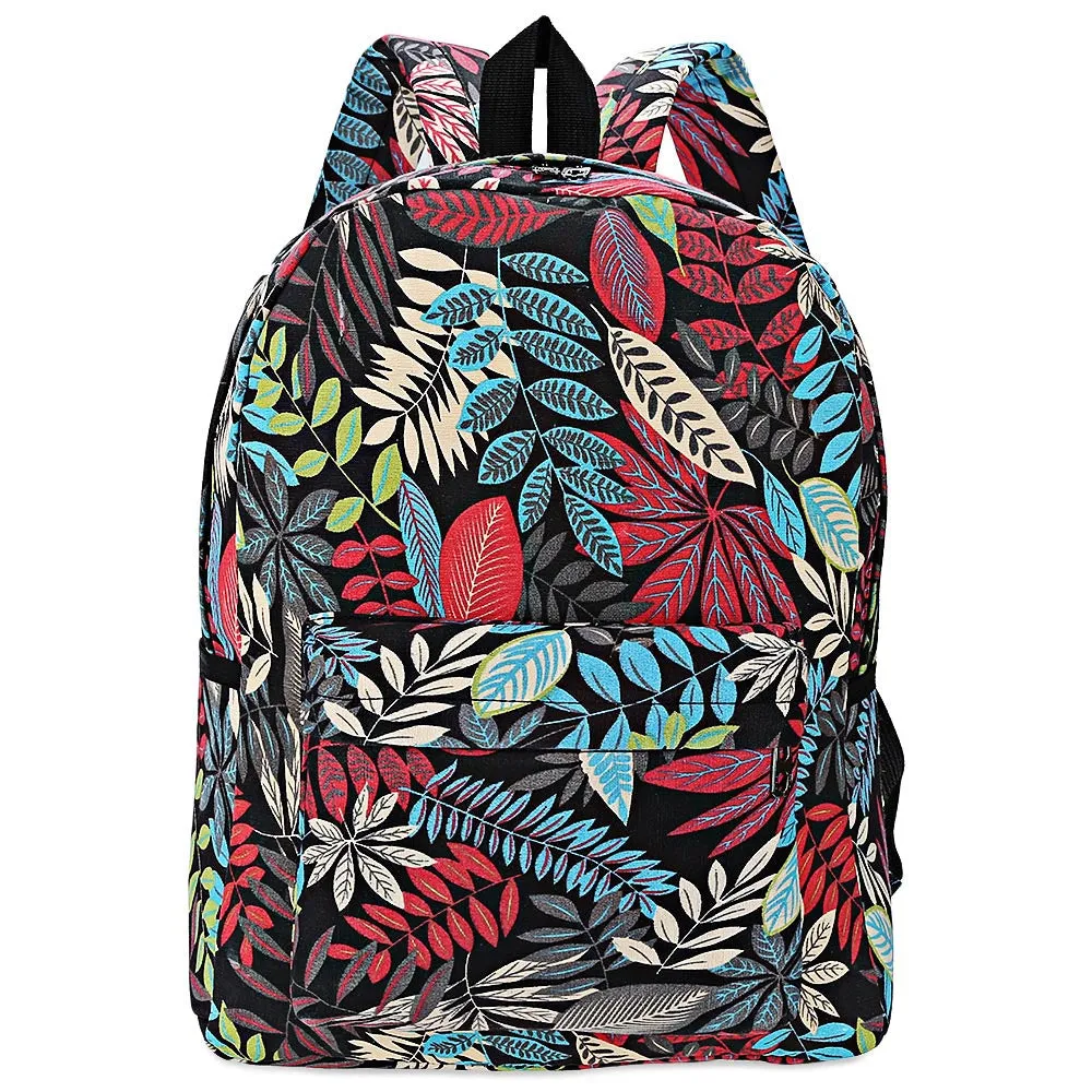 Plant Print Canvas Zipper Portable Backpack for Girls