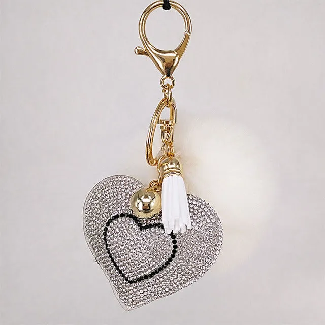 Pompom Keychain Rhinestone Heart Women
