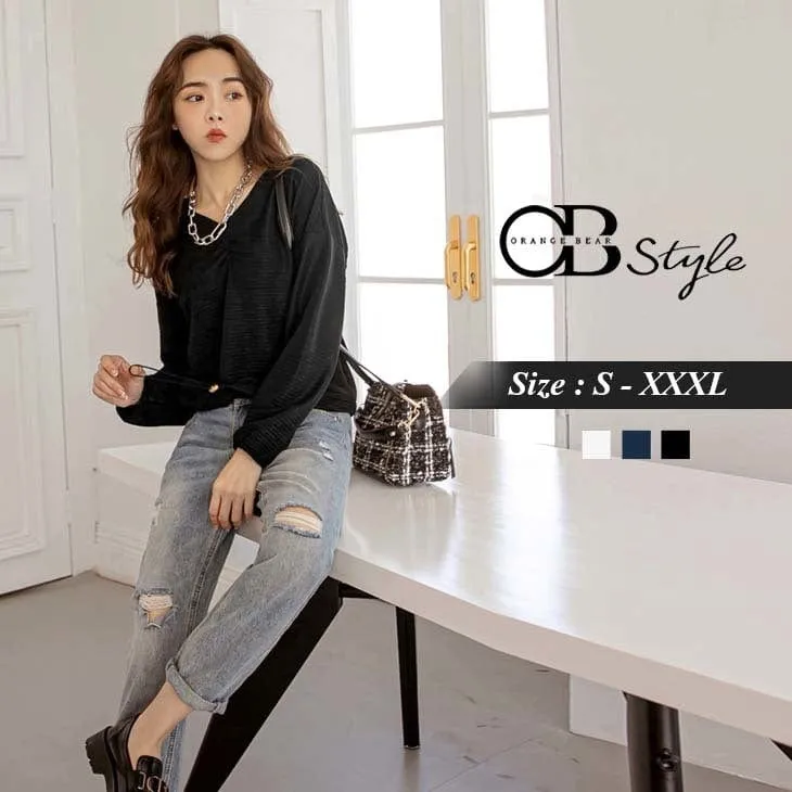 PURE COLOR V-NECK ELASTIC WAIST LONG SLEEVE TOPS