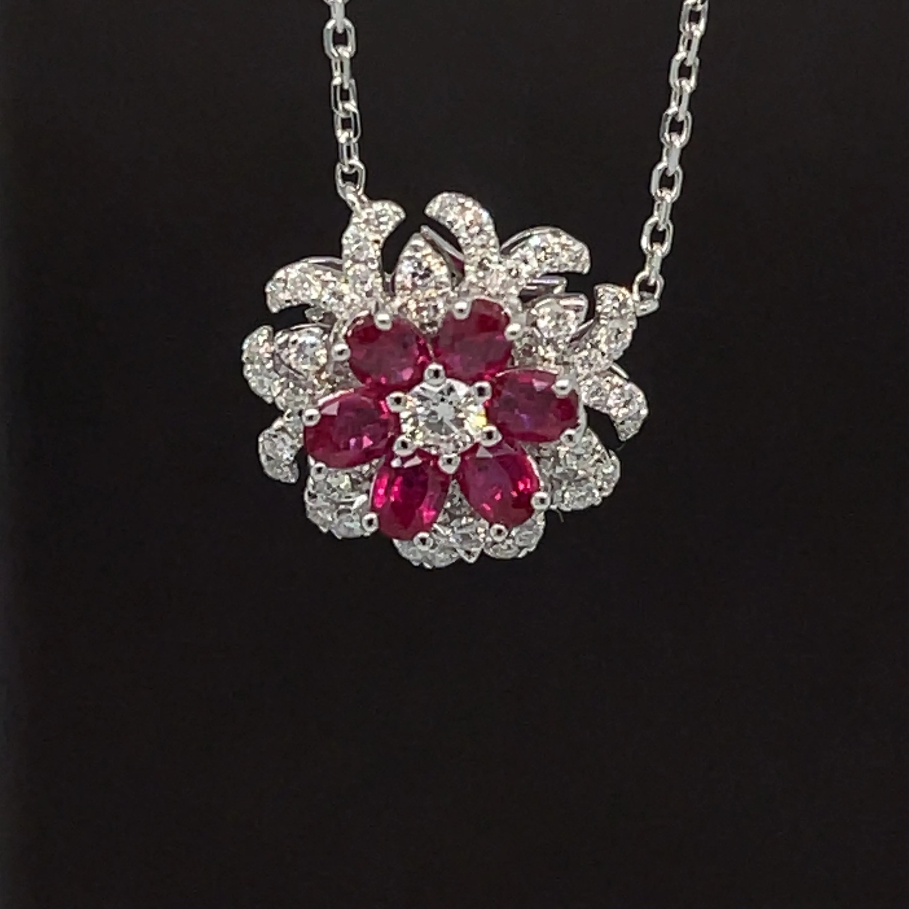 Ruby & Diamond Floral Bloom Cluster Necklace in 18k White Gold - #569 - NLRUB012030