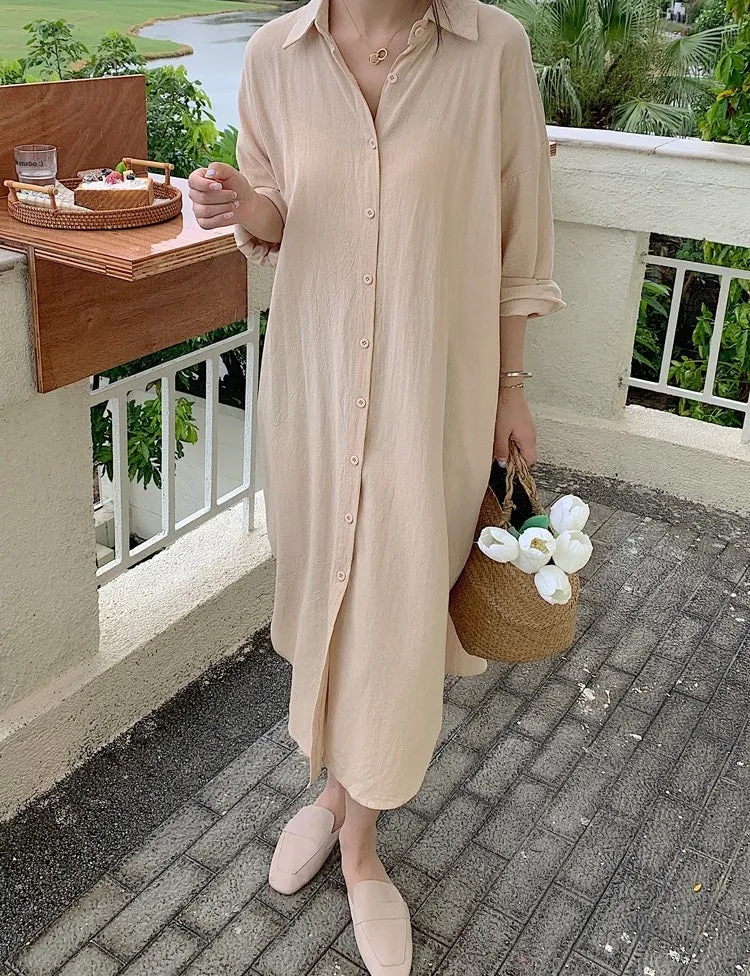 S-2XL Spring Casual Patchwork Cotton Collar Loose Long Sleeve Long Shirt Dress