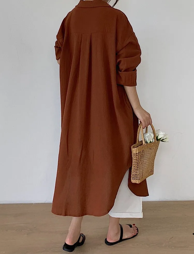 S-2XL Spring Casual Patchwork Cotton Collar Loose Long Sleeve Long Shirt Dress
