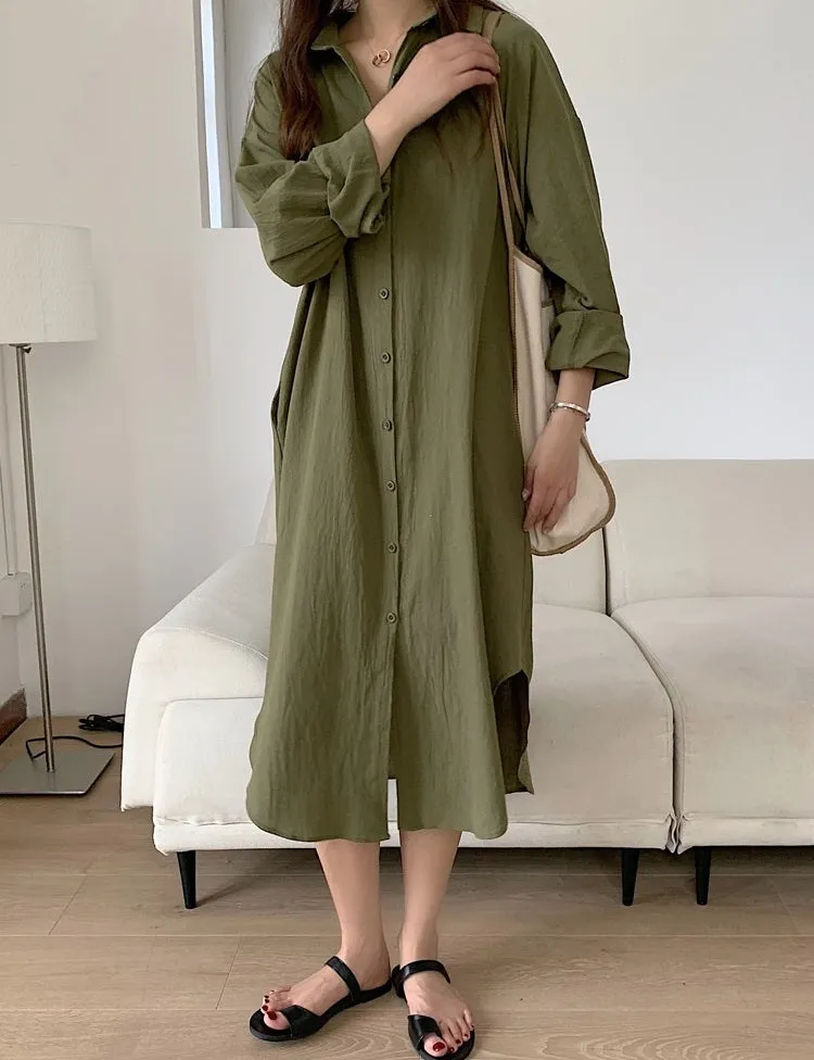S-2XL Spring Casual Patchwork Cotton Collar Loose Long Sleeve Long Shirt Dress