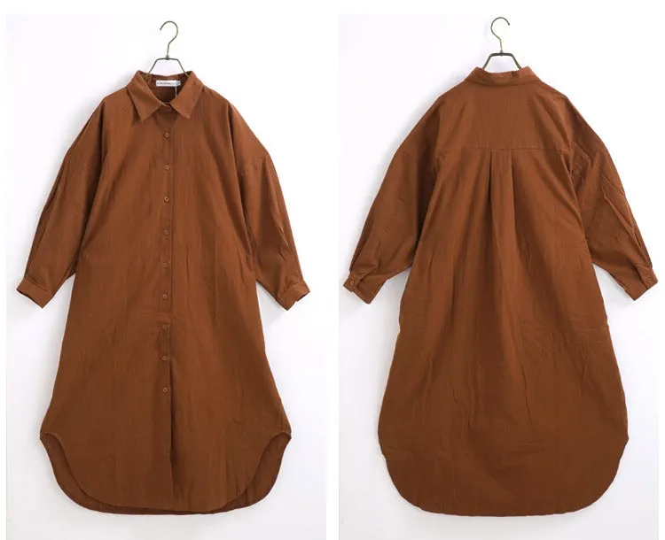 S-2XL Spring Casual Patchwork Cotton Collar Loose Long Sleeve Long Shirt Dress