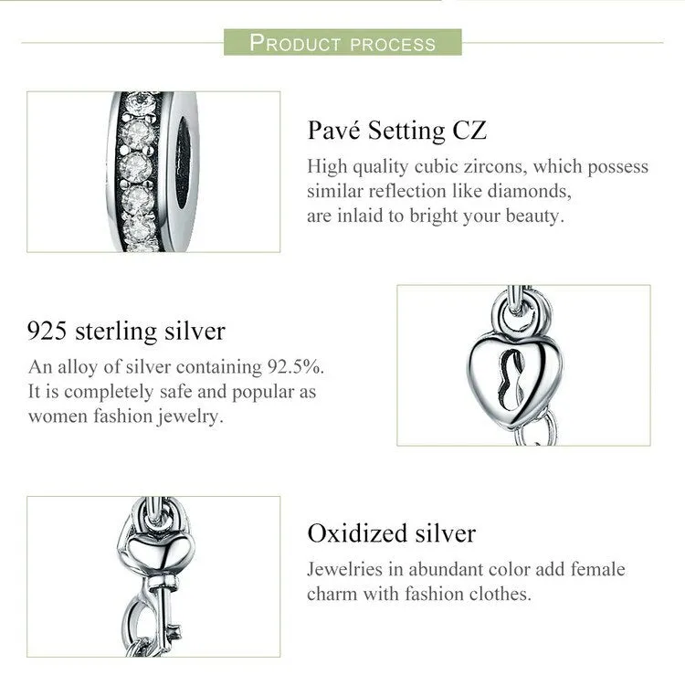 Silver Heart Lock & Key Dangle Safety Chain Charm