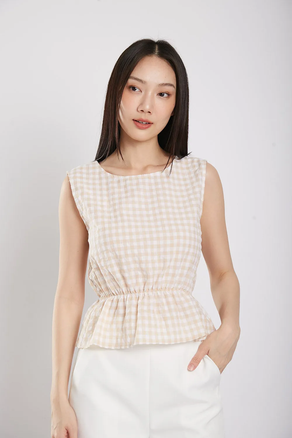 Sleeveless Gingham Cotton Top in Apricot