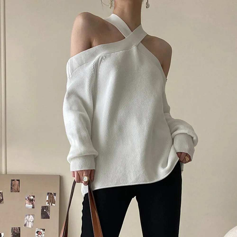 Solid Loose Knitting Sweaters For Women Halter Long Sleeves Cold Shoulder Temperament Sweater Female Fashion