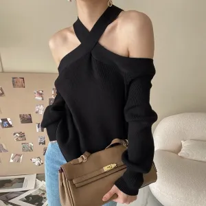Solid Loose Knitting Sweaters For Women Halter Long Sleeves Cold Shoulder Temperament Sweater Female Fashion