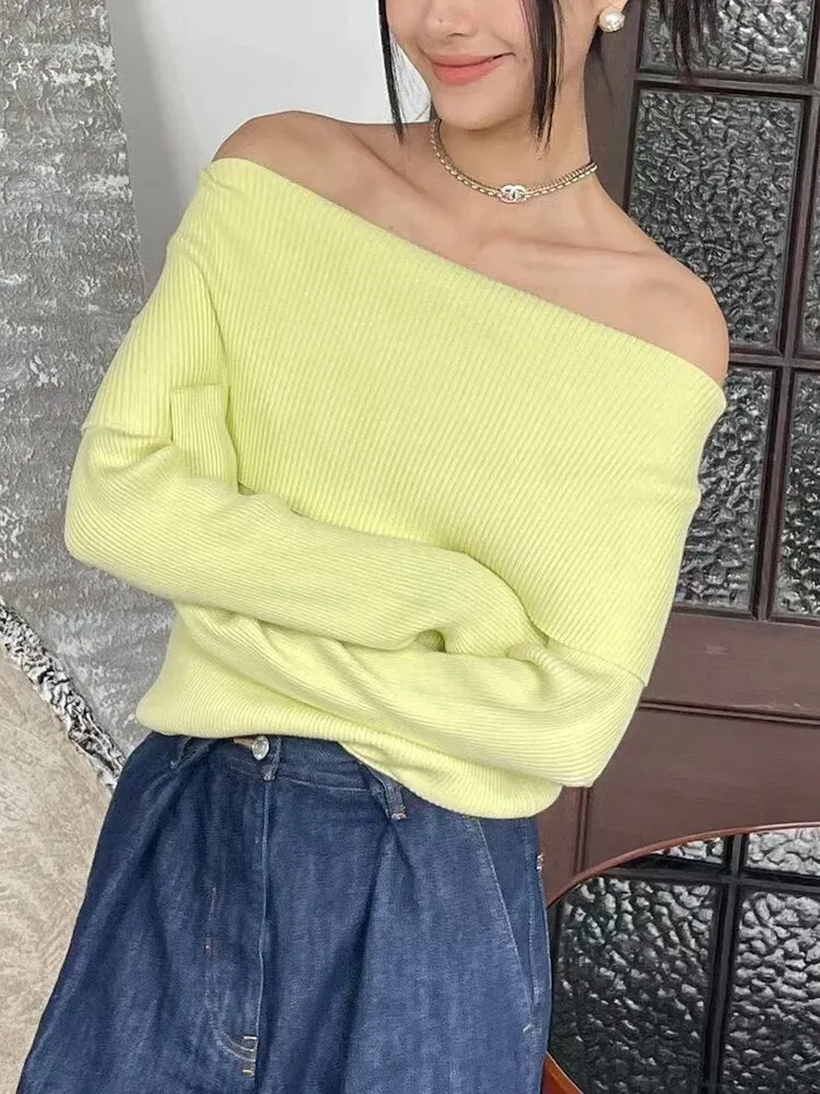 Solid Slimming Knitting Sweaters For Women Slash Neck Long Sleeve Cold Shoulder Temperament Sweater Female Fashion