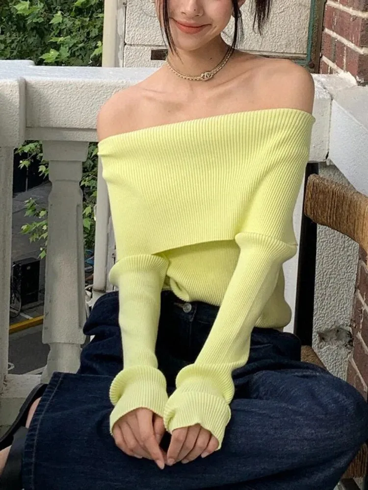 Solid Slimming Knitting Sweaters For Women Slash Neck Long Sleeve Cold Shoulder Temperament Sweater Female Fashion
