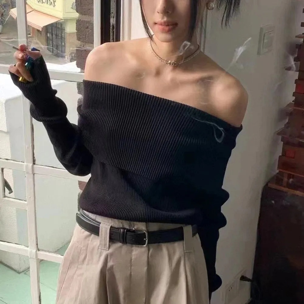 Solid Slimming Knitting Sweaters For Women Slash Neck Long Sleeve Cold Shoulder Temperament Sweater Female Fashion